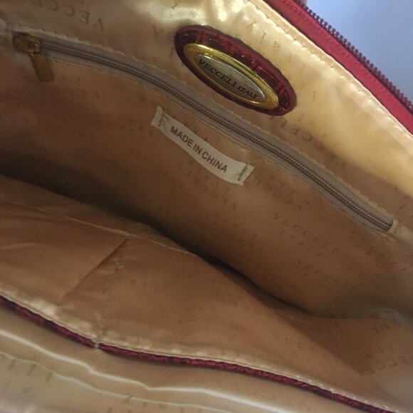 Purse Vecceli Italy Crocodile Print Handbag Gold Chain Handle Faux Burgundy Red - Picture 9 of 11